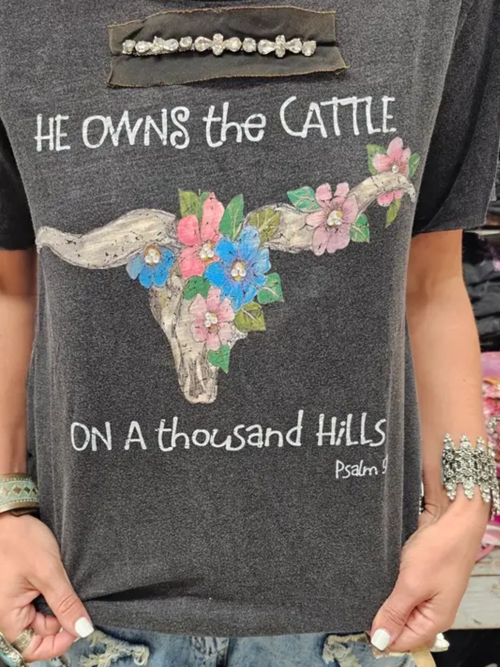 A RARE BIRD Short Sleeve Tee "He Owns The Cattle"- Black Floral Long Horn
